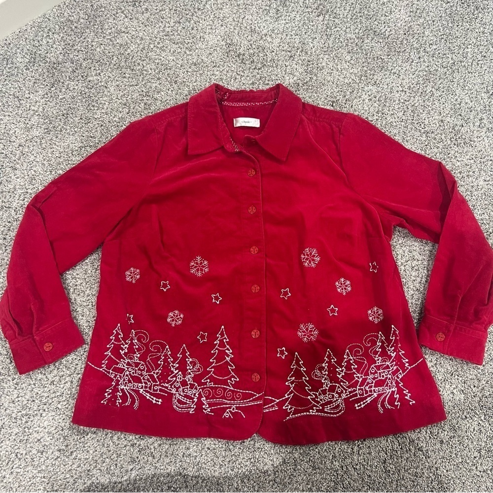Vtg CJ Banks Red Corduroy Cotton Full Sleeve Christmas Embroidered Shirt Women L